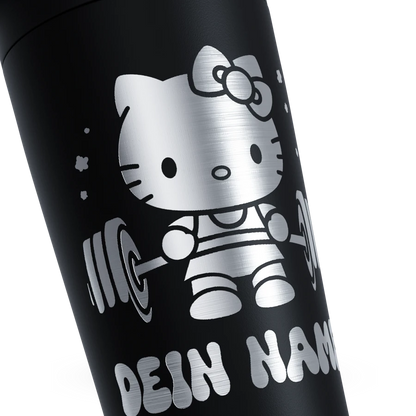 Edelstahl Shaker mit Gravur Nahaufnahme Kitty Cartoon-Katze mit Hantel Gestalten